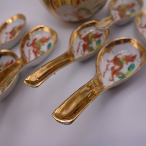 Set of Seven(7) Dragon Gold Color Soup Bowls & Spoons Made in Hong Kong - Picture 12 of 16
